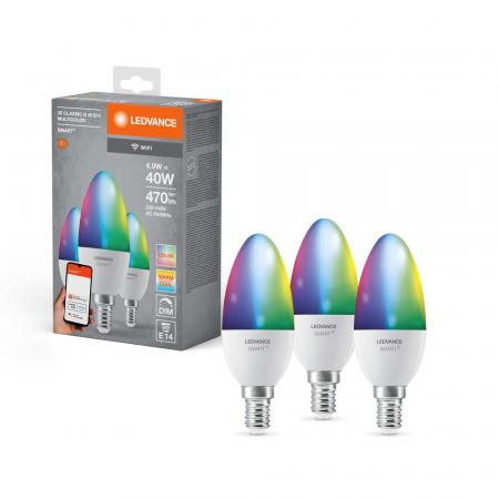 Nur noch angezeigter Bestand verfügbar:    3er Pack LEDVANCE E14 SMART+ WiFi LED Kerzen Lampen dimmbar 4,9W wie 40W RGBW - Amazon Alexa, Google Assistant